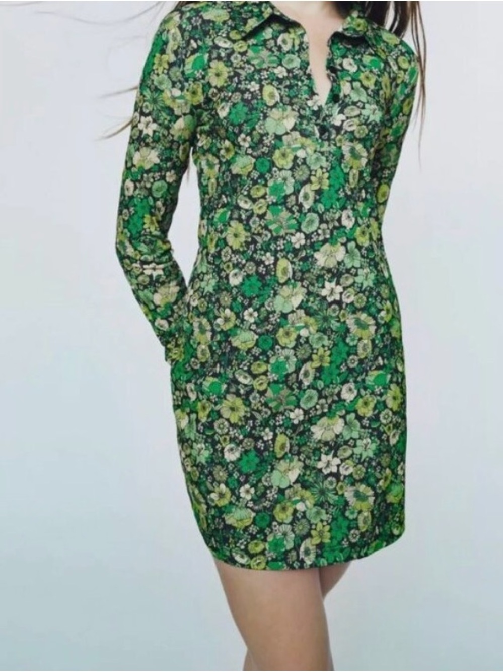 Zara Green Floral‎ Long Sleeve Shirt Dress
